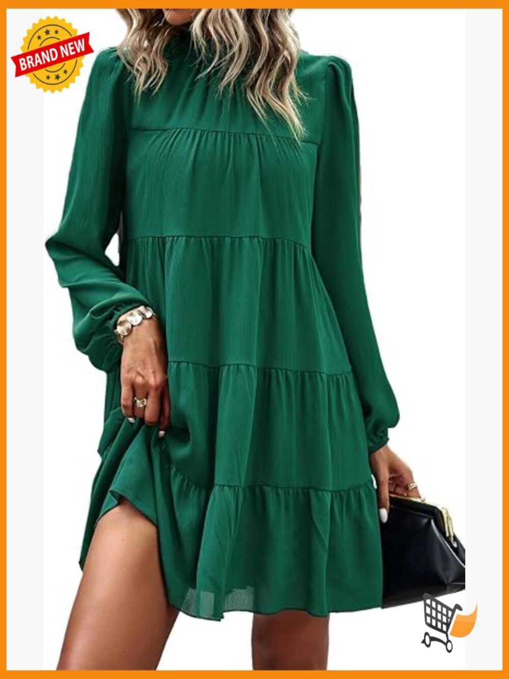 Women's Long Sleeve Babydoll Dress Ruffle Neck Tiered Flowy Mini Shift Dress